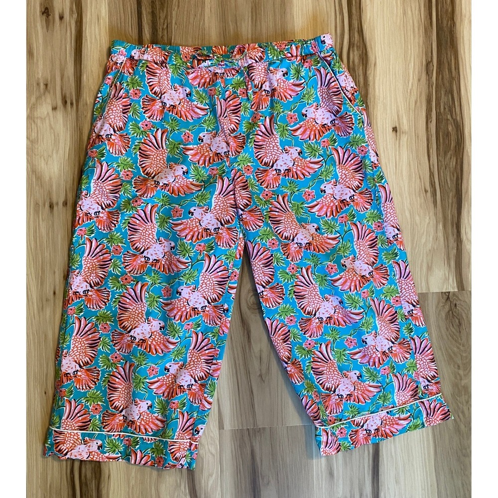 Printfresh Playful Parrots Organic Cotton Cropped Pajama Pants Pink Bird Large